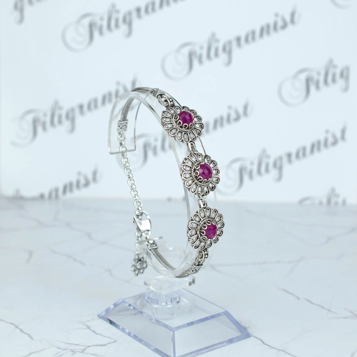 Filigree Art Ruby Corundum Gemstone Women Silver Link Bracelet - Drakoi Marketplace