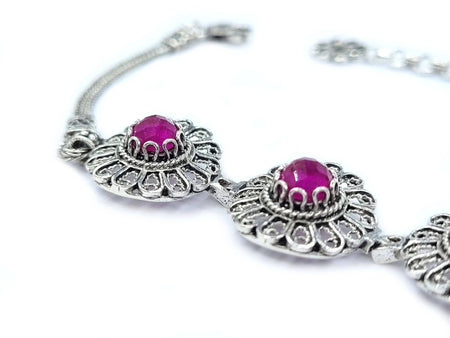 Filigree Art Ruby Corundum Gemstone Women Silver Link Bracelet - Drakoi Marketplace