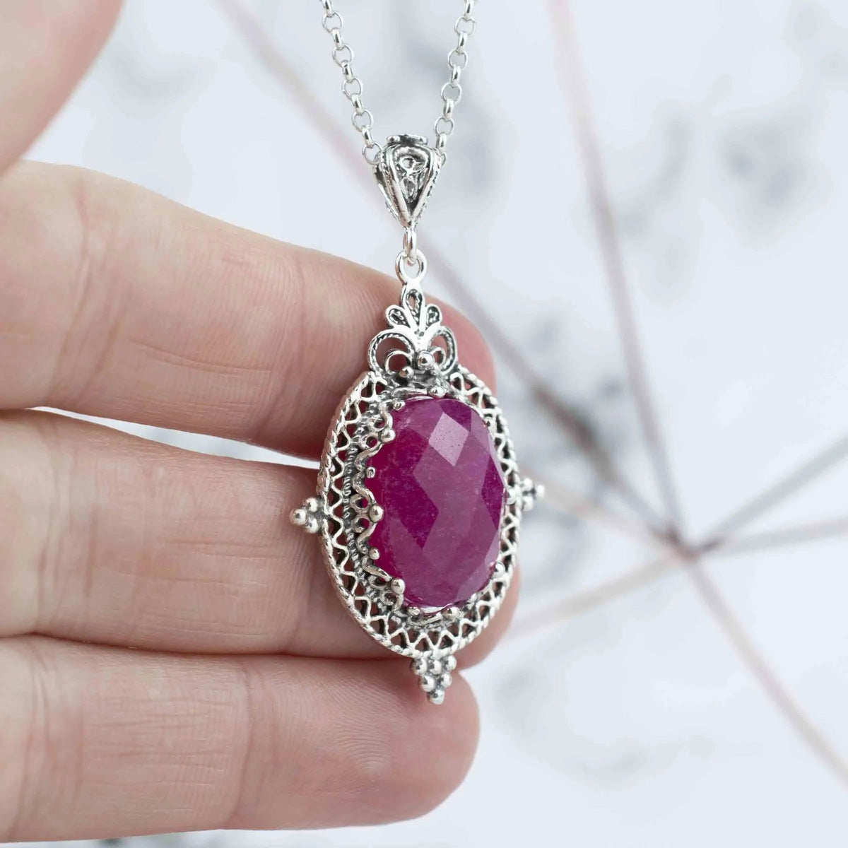 Filigree Art Ruby Corundum Gemstone Women Silver Oval Pendant Necklace - Drakoi Marketplace