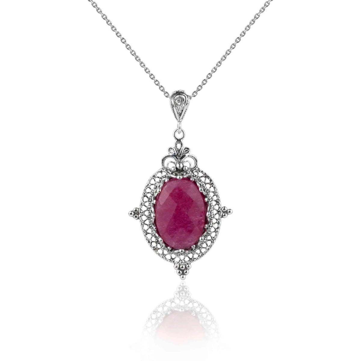 Filigree Art Ruby Corundum Gemstone Women Silver Oval Pendant Necklace - Drakoi Marketplace