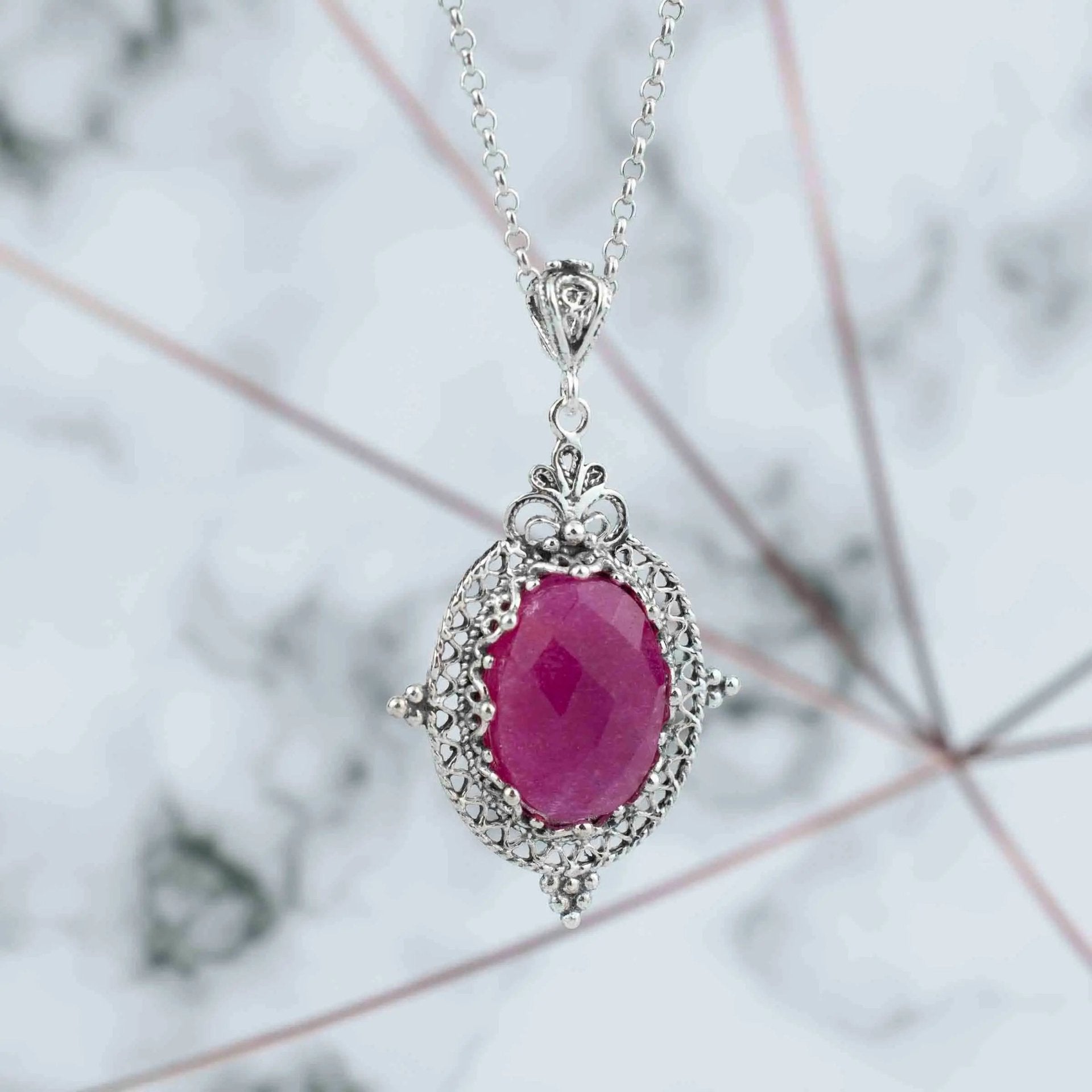 Filigree Art Ruby Corundum Gemstone Women Silver Oval Pendant Necklace - Drakoi Marketplace