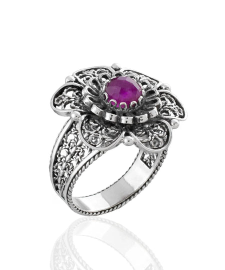 Filigree Art Ruby Corundum Gemstone Women Silver Statement Ring - Drakoi Marketplace