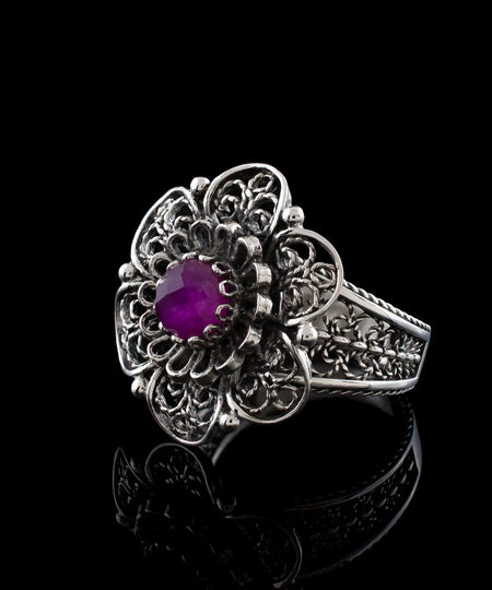 Filigree Art Ruby Corundum Gemstone Women Silver Statement Ring - Drakoi Marketplace