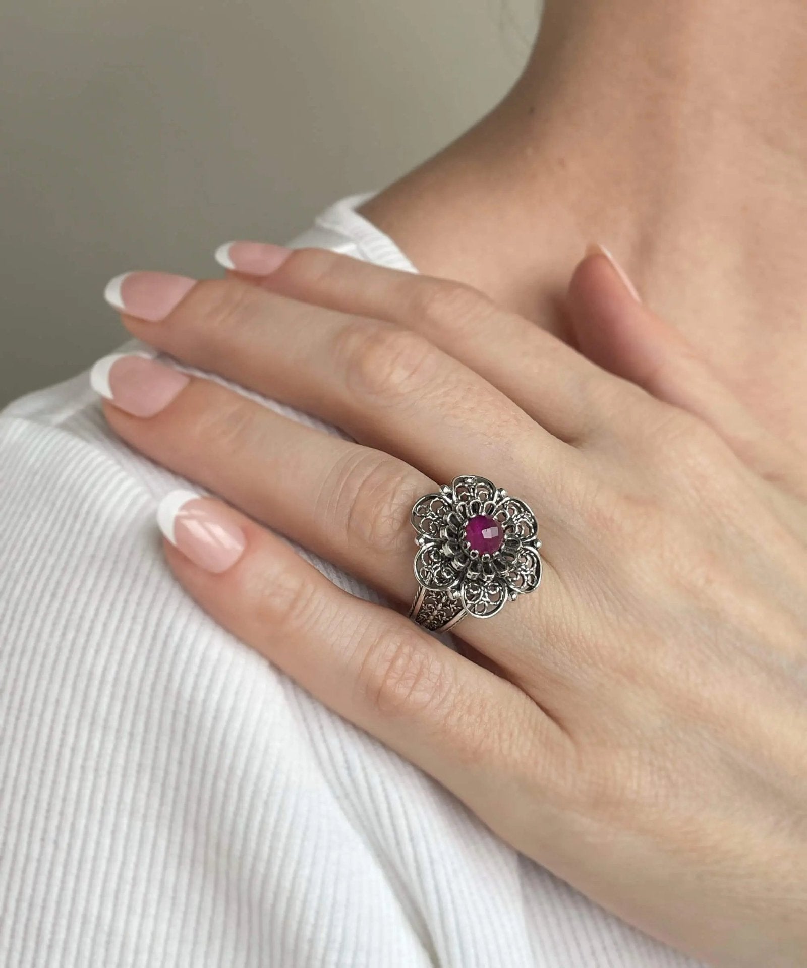 Filigree Art Ruby Corundum Gemstone Women Silver Statement Ring - Drakoi Marketplace