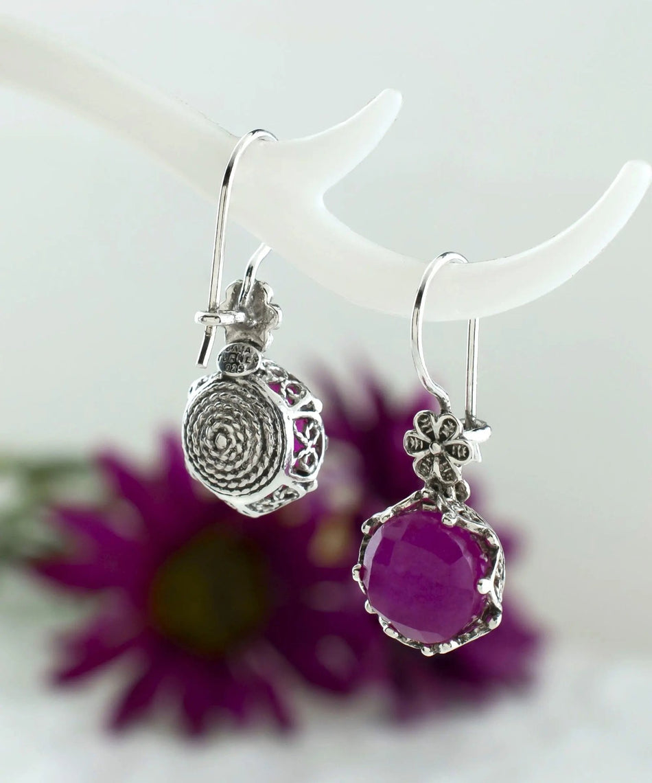 Filigree Art Ruby Corundum Gemstone Women Sterling Silver Drop Earrings - Drakoi Marketplace