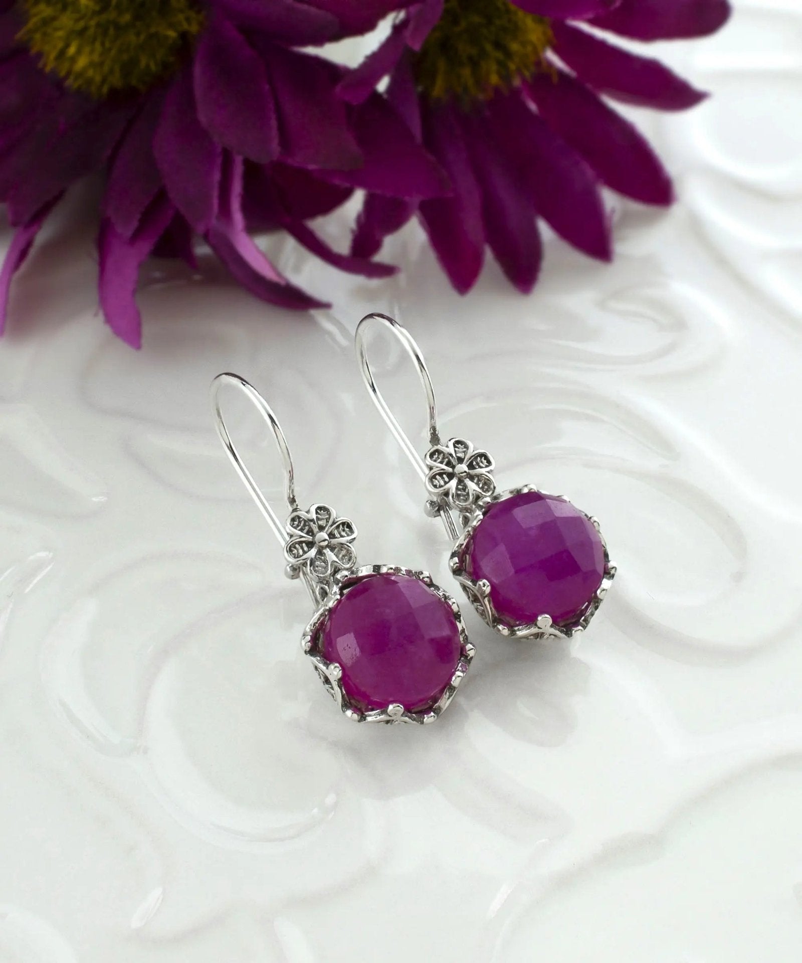 Filigree Art Ruby Corundum Gemstone Women Sterling Silver Drop Earrings - Drakoi Marketplace