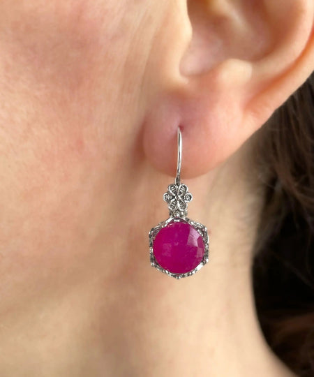 Filigree Art Ruby Corundum Gemstone Women Sterling Silver Drop Earrings - Drakoi Marketplace