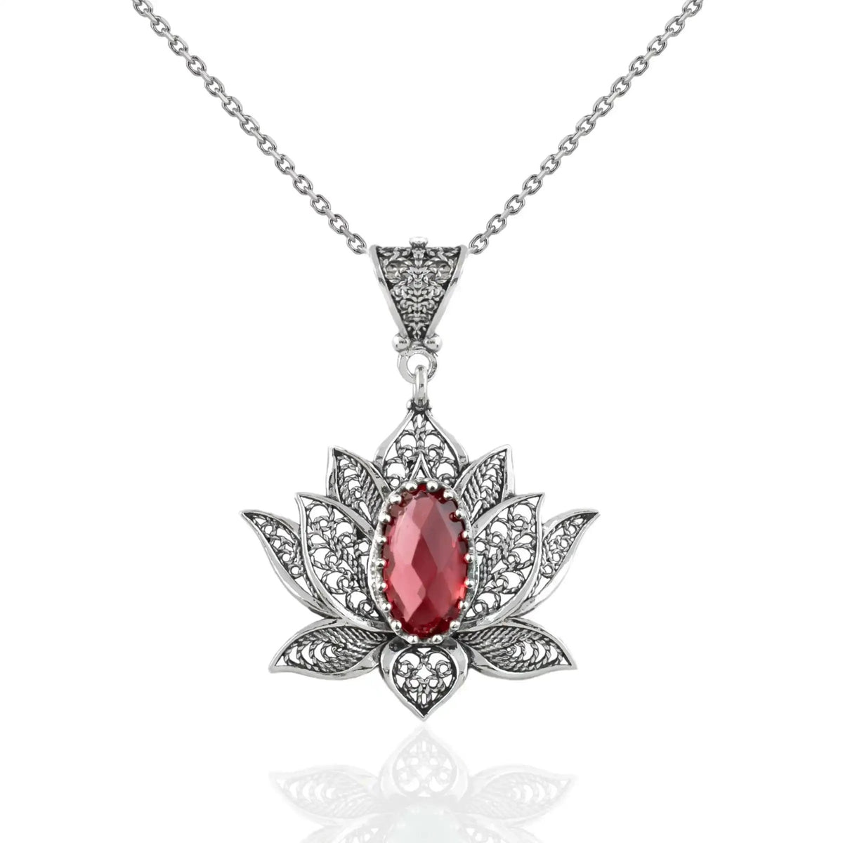 Filigree Art Ruby Gemstone Blossoming Lotus Flower Women Silver Pendant Necklace - Drakoi Marketplace