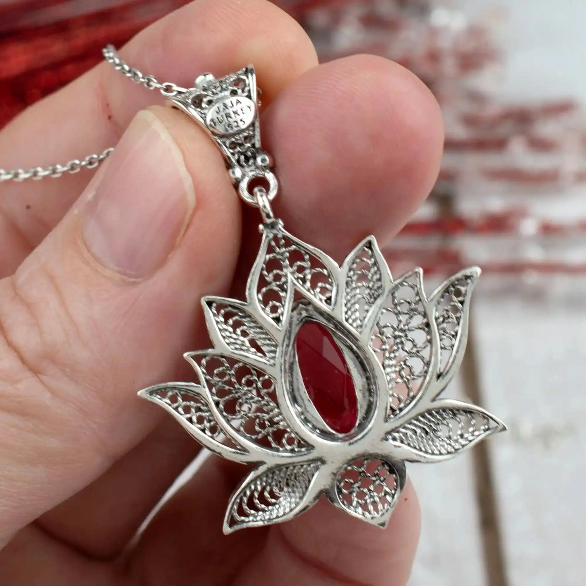 Filigree Art Ruby Gemstone Blossoming Lotus Flower Women Silver Pendant Necklace - Drakoi Marketplace