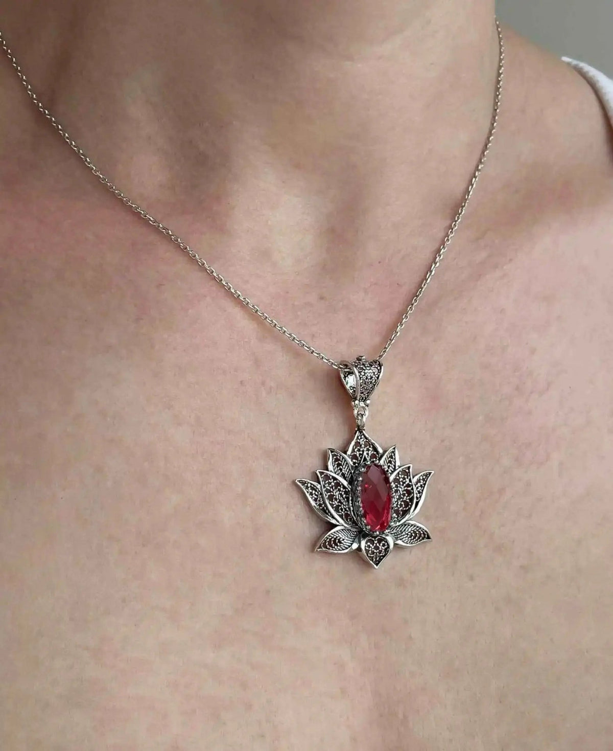 Filigree Art Ruby Gemstone Blossoming Lotus Flower Women Silver Pendant Necklace - Drakoi Marketplace