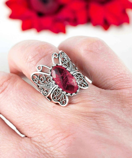 Filigree Art Ruby Gemstone Butterfly Design Women Silver Cocktail Ring - Drakoi Marketplace