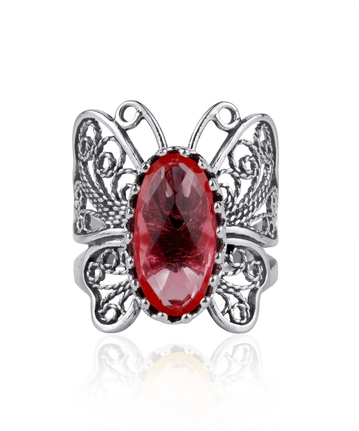 Filigree Art Ruby Gemstone Butterfly Design Women Silver Cocktail Ring - Drakoi Marketplace