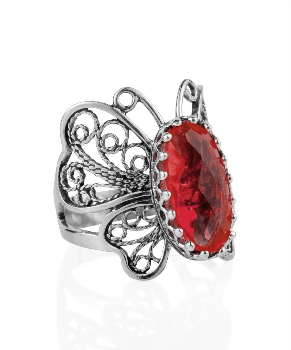 Filigree Art Ruby Gemstone Butterfly Design Women Silver Cocktail Ring - Drakoi Marketplace