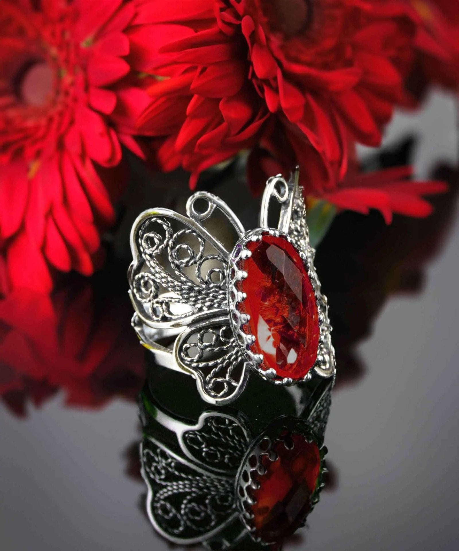 Filigree Art Ruby Gemstone Butterfly Design Women Silver Cocktail Ring - Drakoi Marketplace