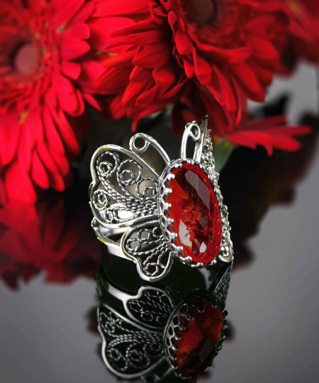 Filigree Art Ruby Gemstone Butterfly Design Women Silver Cocktail Ring - Drakoi Marketplace