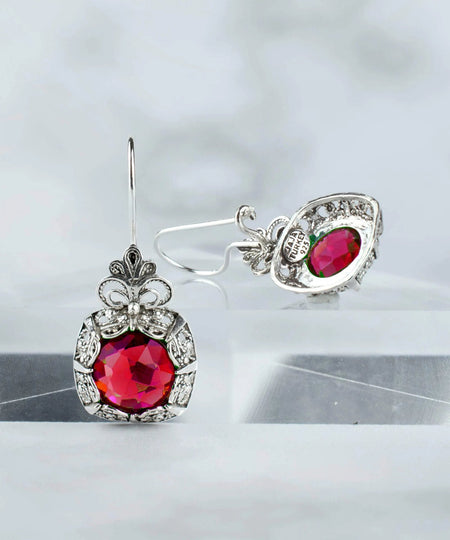 Filigree Art Ruby Gemstone Woman Silver Drop Earrings - Drakoi Marketplace