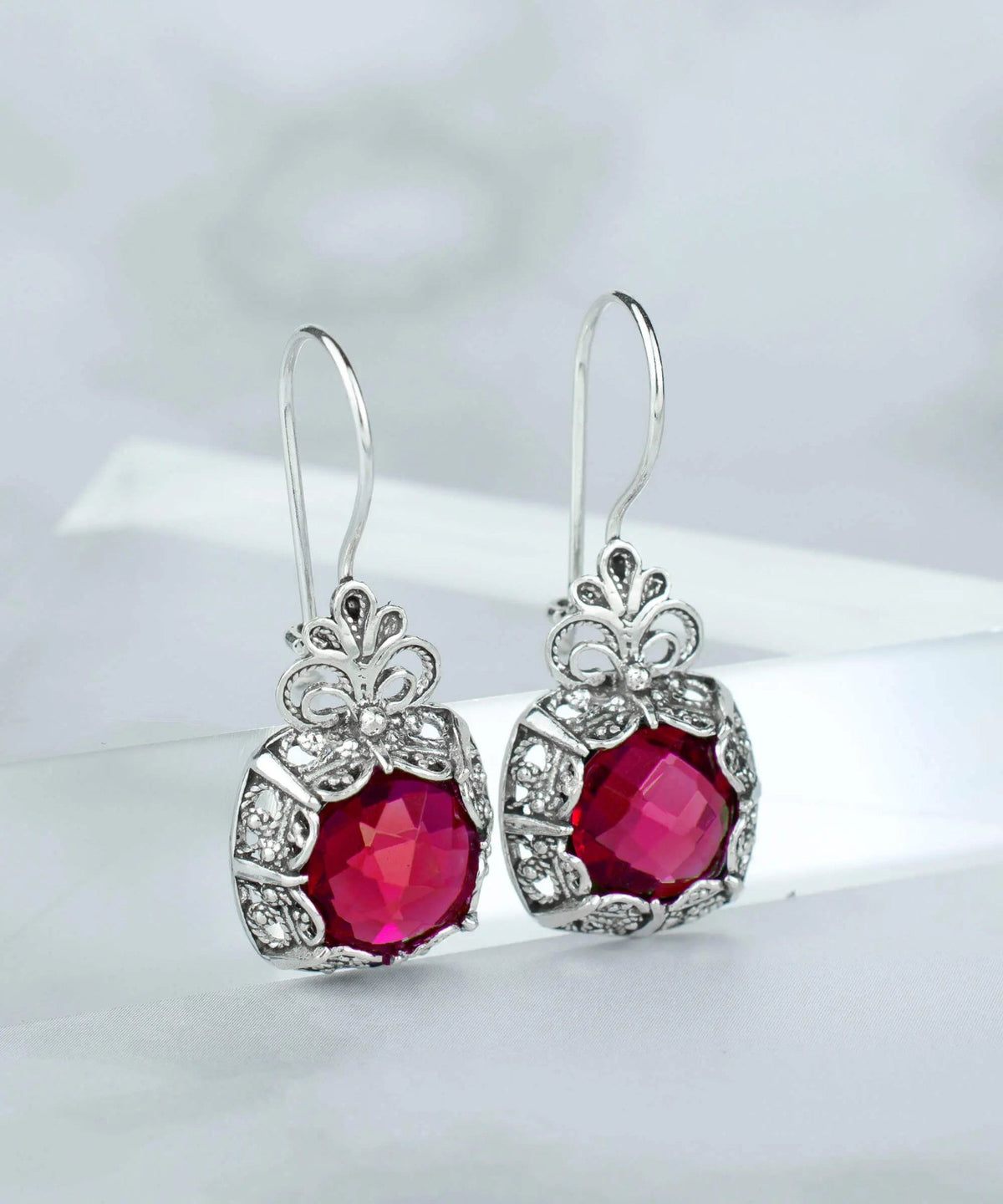 Filigree Art Ruby Gemstone Woman Silver Drop Earrings - Drakoi Marketplace