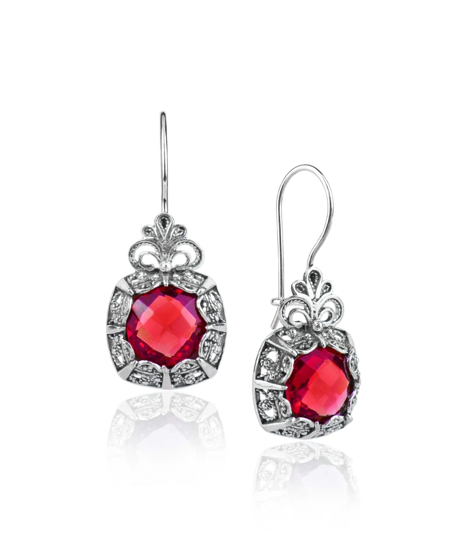 Filigree Art Ruby Gemstone Woman Silver Drop Earrings - Drakoi Marketplace