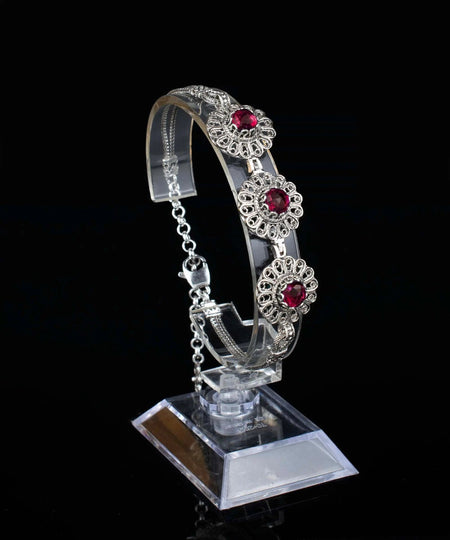 Filigree Art Ruby Gemstone Women Silver Link Bracelet - Drakoi Marketplace