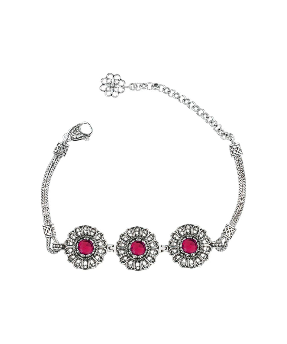 Filigree Art Ruby Gemstone Women Silver Link Bracelet - Drakoi Marketplace