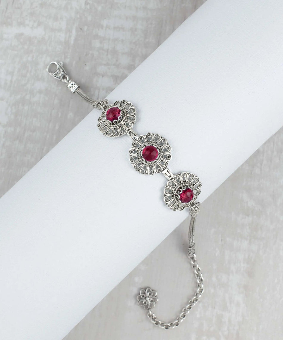 Filigree Art Ruby Gemstone Women Silver Link Bracelet - Drakoi Marketplace