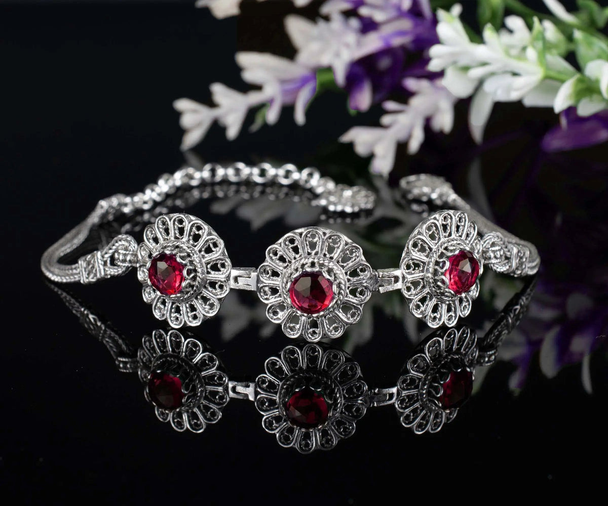 Filigree Art Ruby Gemstone Women Silver Link Bracelet - Drakoi Marketplace