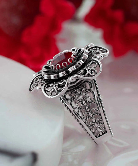 Filigree Art Ruby Gemstone Women Silver Statement Ring - Drakoi Marketplace