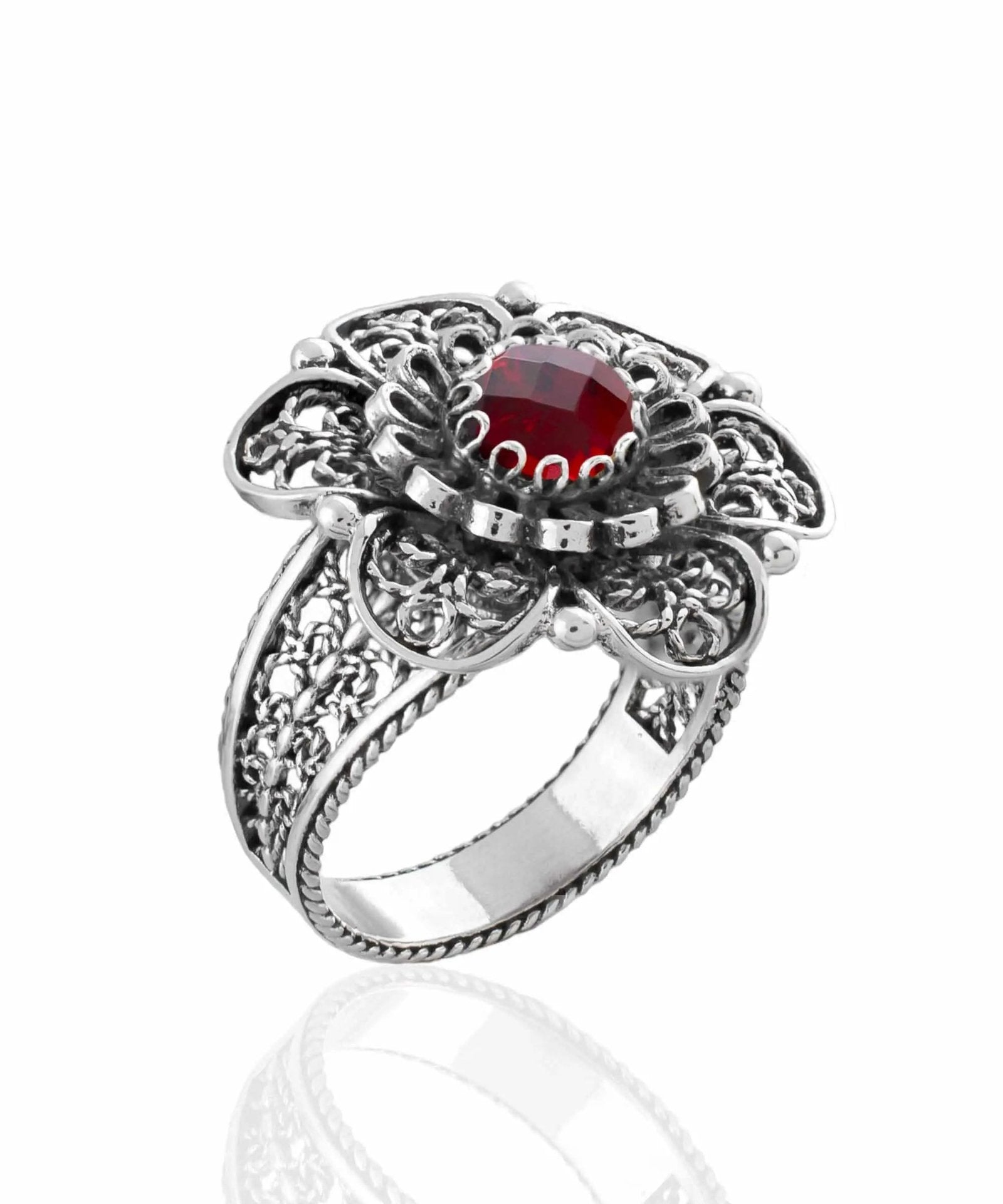 Filigree Art Ruby Gemstone Women Silver Statement Ring - Drakoi Marketplace