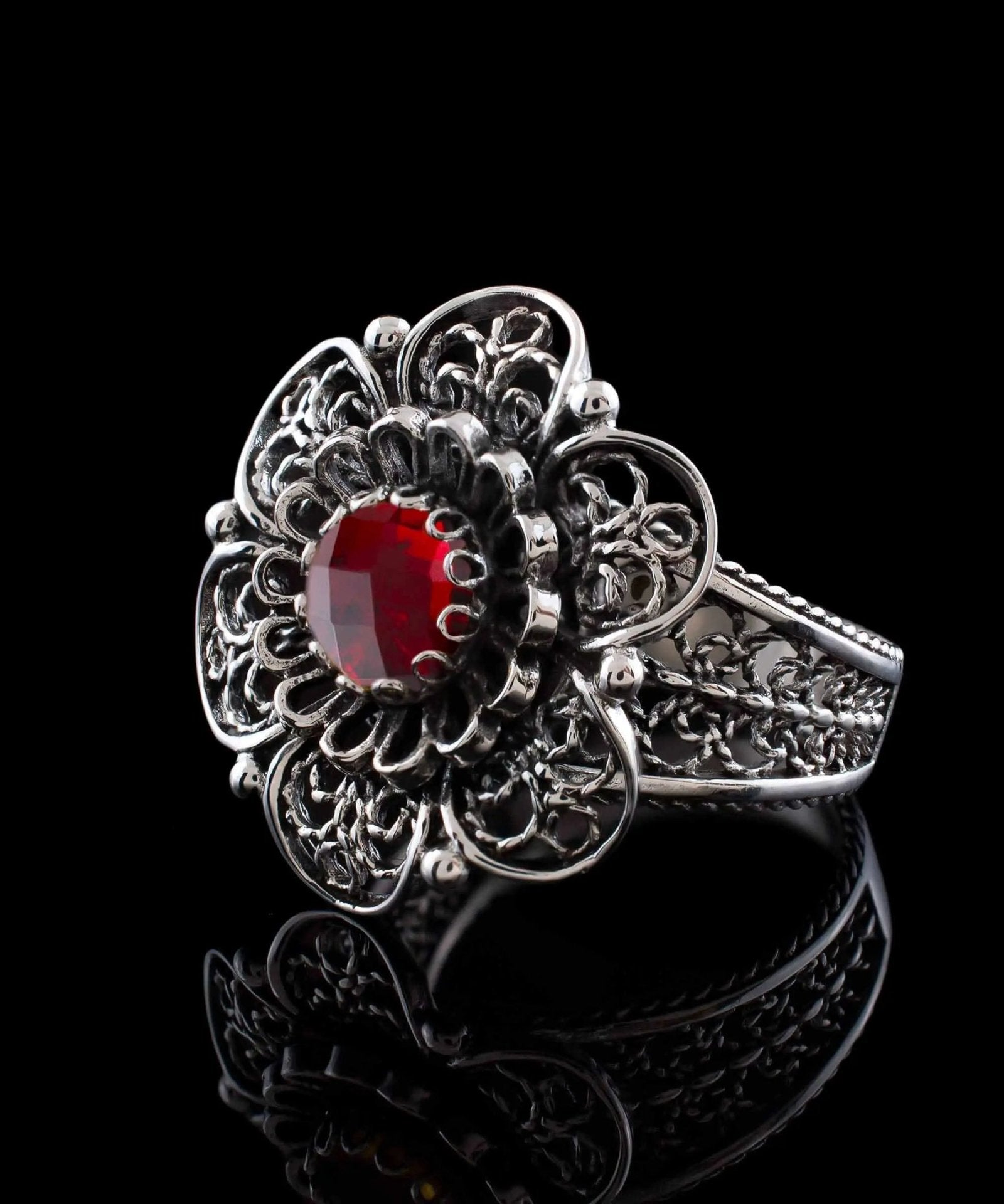 Filigree Art Ruby Gemstone Women Silver Statement Ring - Drakoi Marketplace