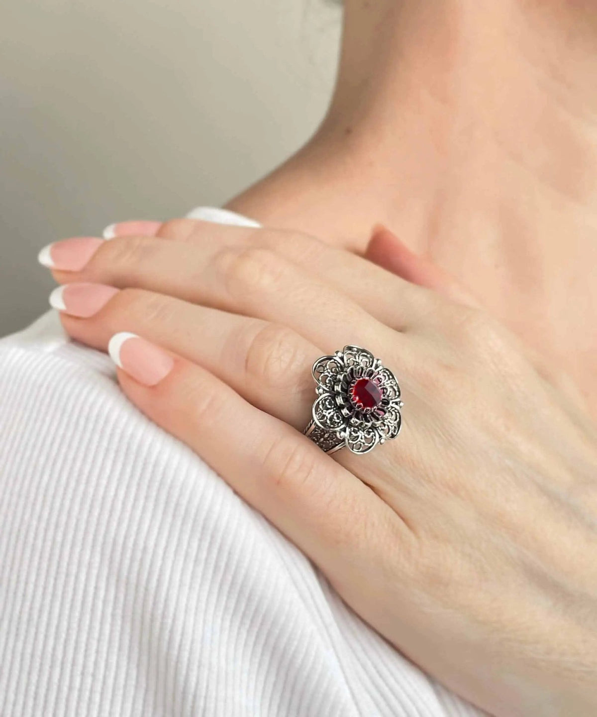 Filigree Art Ruby Gemstone Women Silver Statement Ring - Drakoi Marketplace