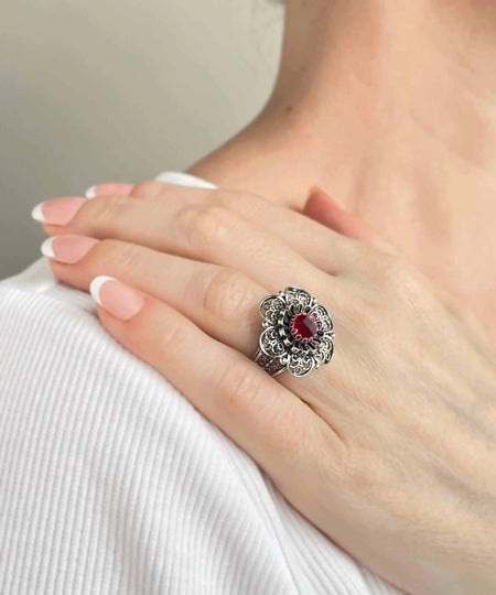 Filigree Art Ruby Gemstone Women Silver Statement Ring - Drakoi Marketplace