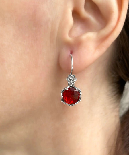 Filigree Art Ruby Gemstone Women Sterling Silver Drop Earrings - Drakoi Marketplace