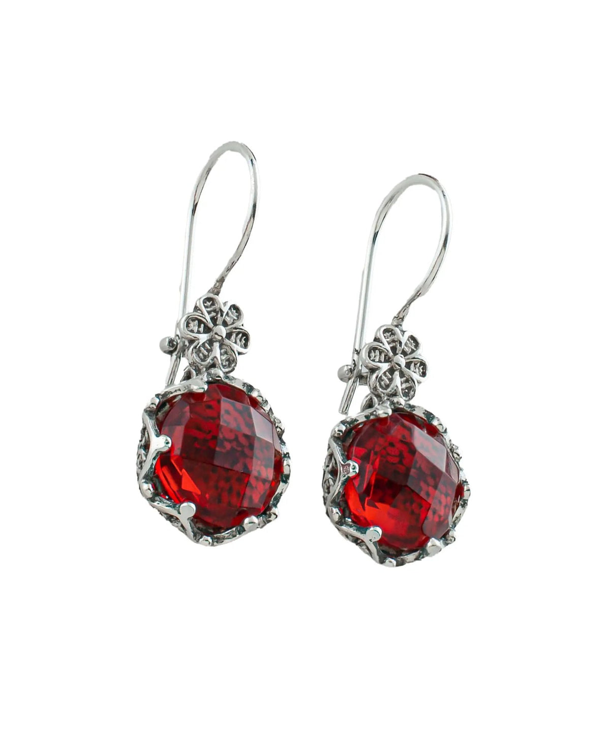 Filigree Art Ruby Gemstone Women Sterling Silver Drop Earrings - Drakoi Marketplace