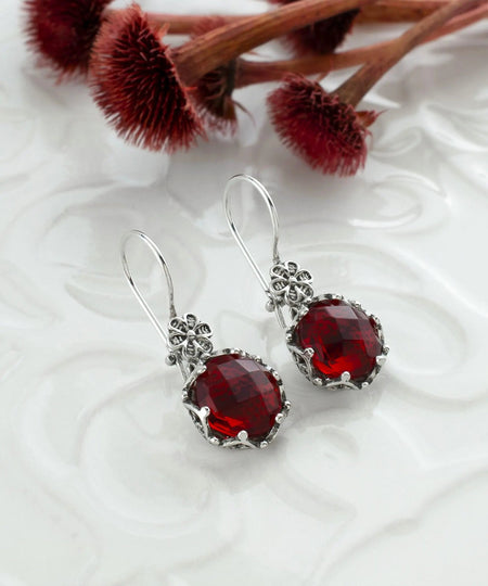 Filigree Art Ruby Gemstone Women Sterling Silver Drop Earrings - Drakoi Marketplace