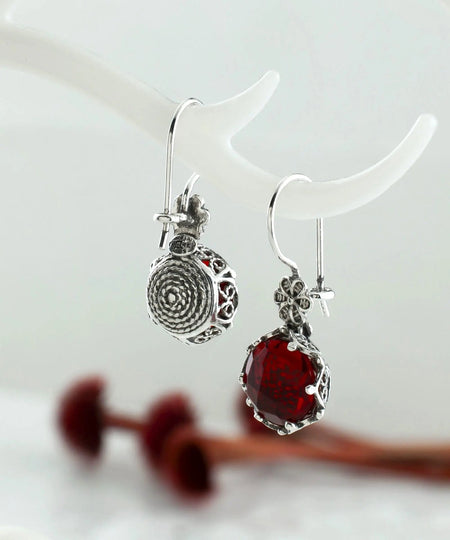 Filigree Art Ruby Gemstone Women Sterling Silver Drop Earrings - Drakoi Marketplace