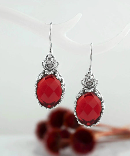 Filigree Art Ruby Quartz Gemstone Crown Figured Women Silver Oval Drop Earrings - Drakoi Marketplace