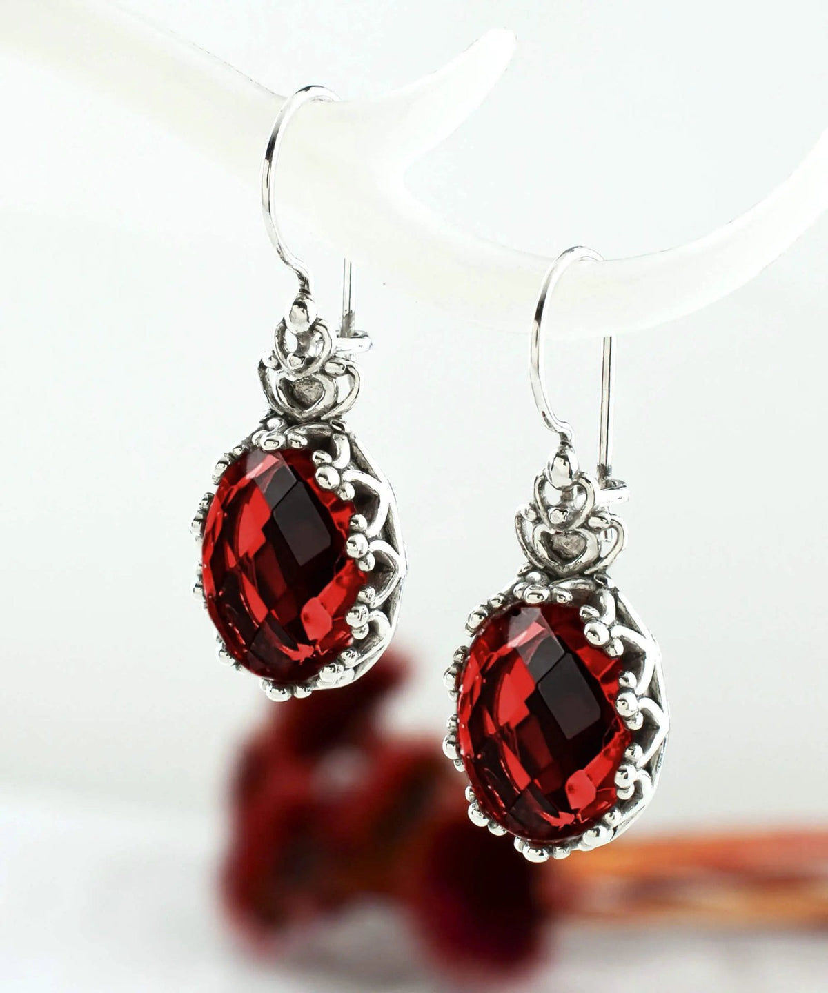 Filigree Art Ruby Quartz Gemstone Crown Figured Women Silver Oval Drop Earrings - Drakoi Marketplace