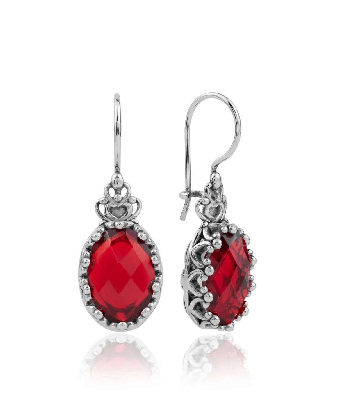 Filigree Art Ruby Quartz Gemstone Crown Figured Women Silver Oval Drop Earrings - Drakoi Marketplace