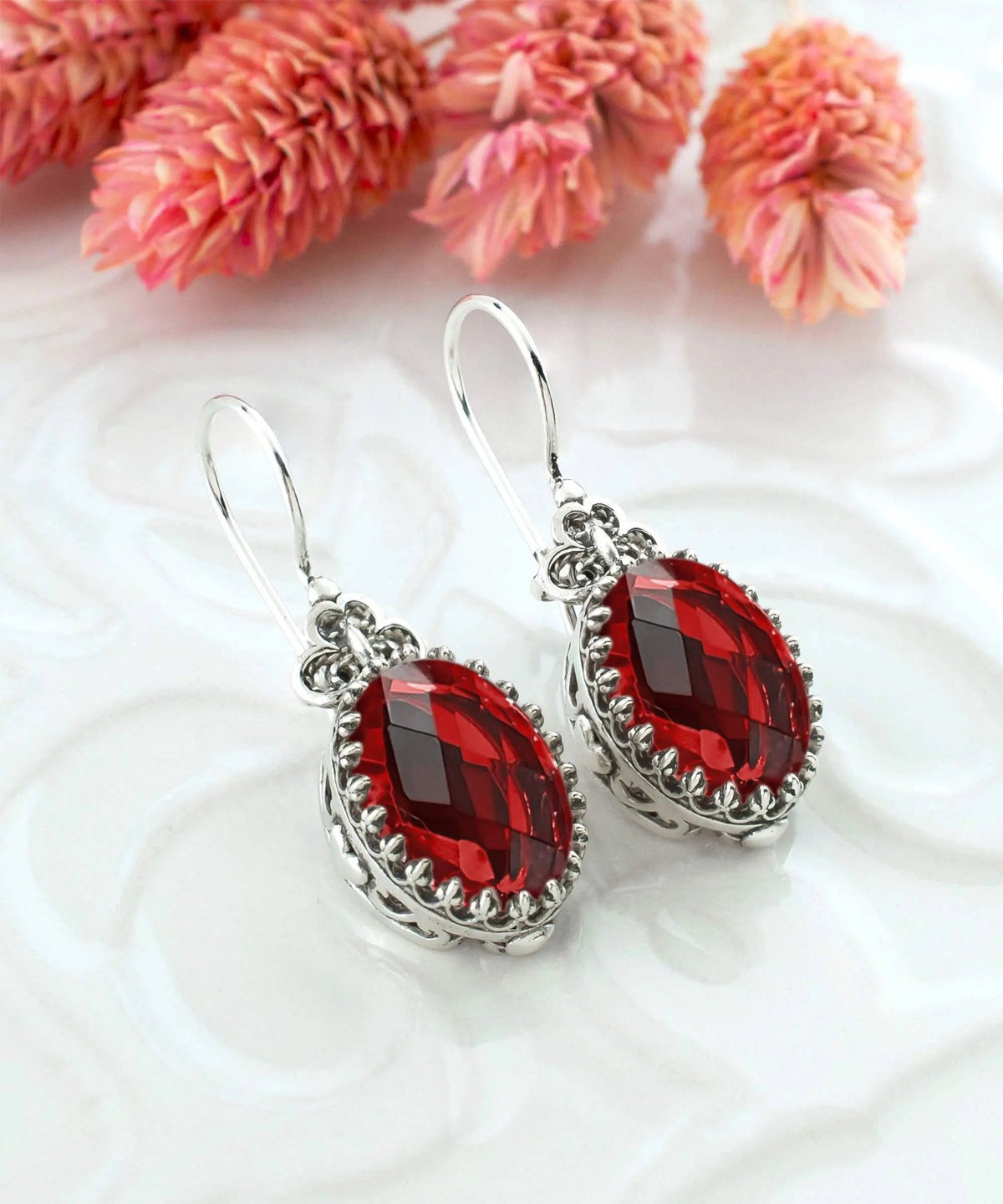 Filigree Art Ruby Quartz Gemstone Heart Detailed Women Silver Oval Drop Earrings - Drakoi Marketplace