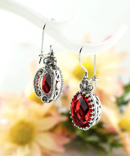 Filigree Art Ruby Quartz Gemstone Heart Detailed Women Silver Oval Drop Earrings - Drakoi Marketplace