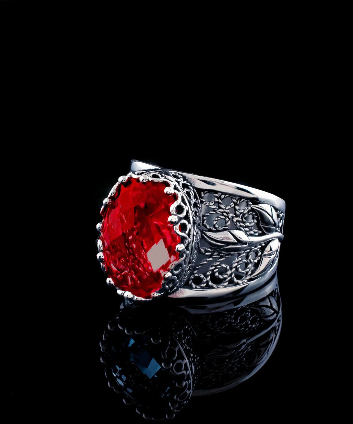 Filigree Art Ruby Quartz Gemstone Tulip Detailed Silver Women Statement Ring - Drakoi Marketplace