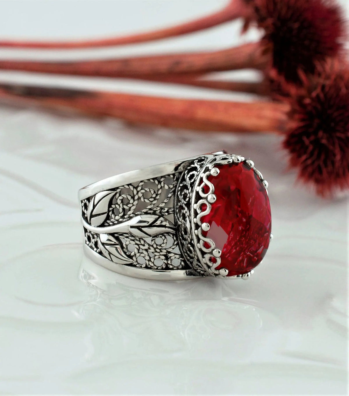 Filigree Art Ruby Quartz Gemstone Tulip Detailed Silver Women Statement Ring - Drakoi Marketplace