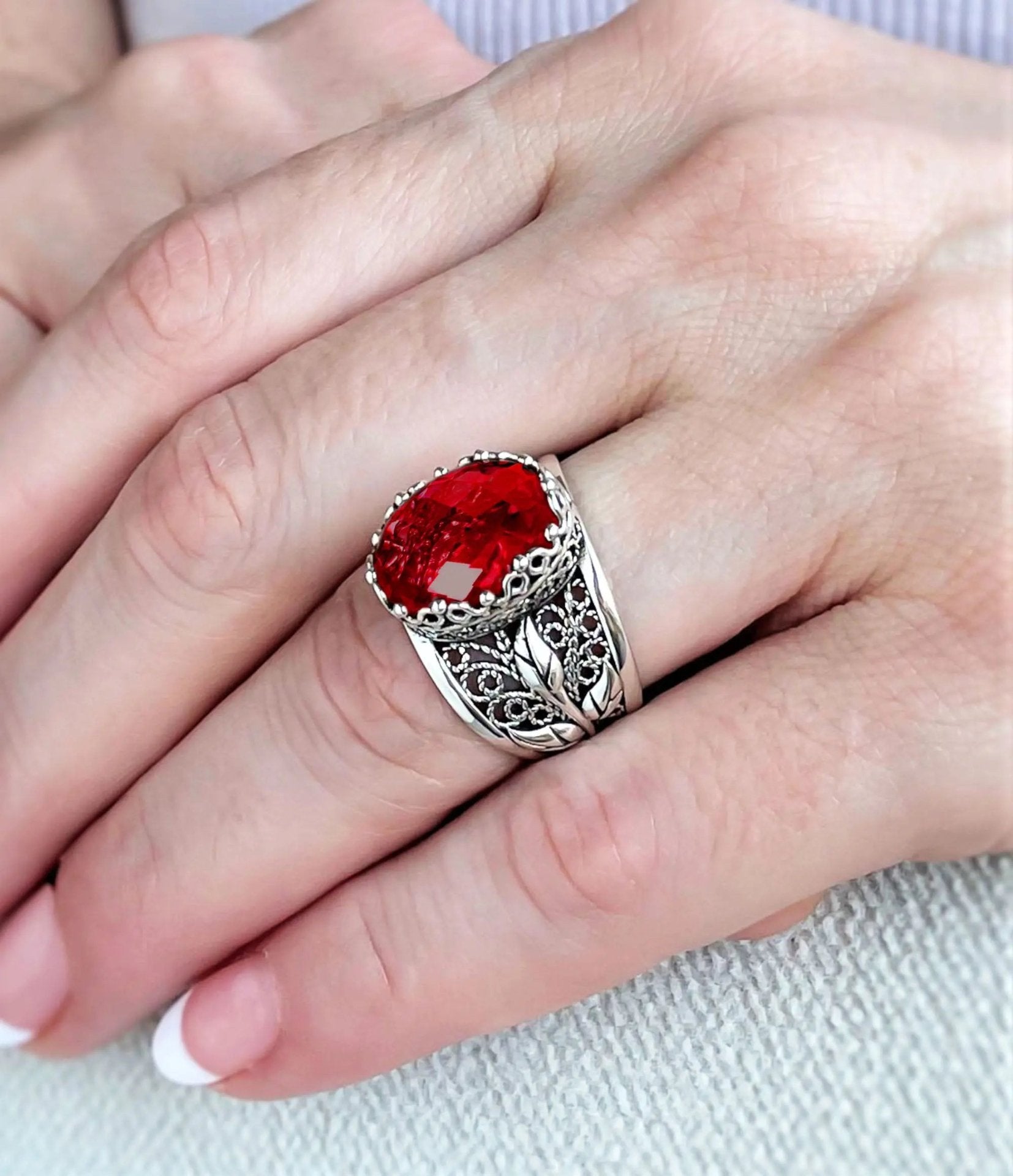 Filigree Art Ruby Quartz Gemstone Tulip Detailed Silver Women Statement Ring - Drakoi Marketplace