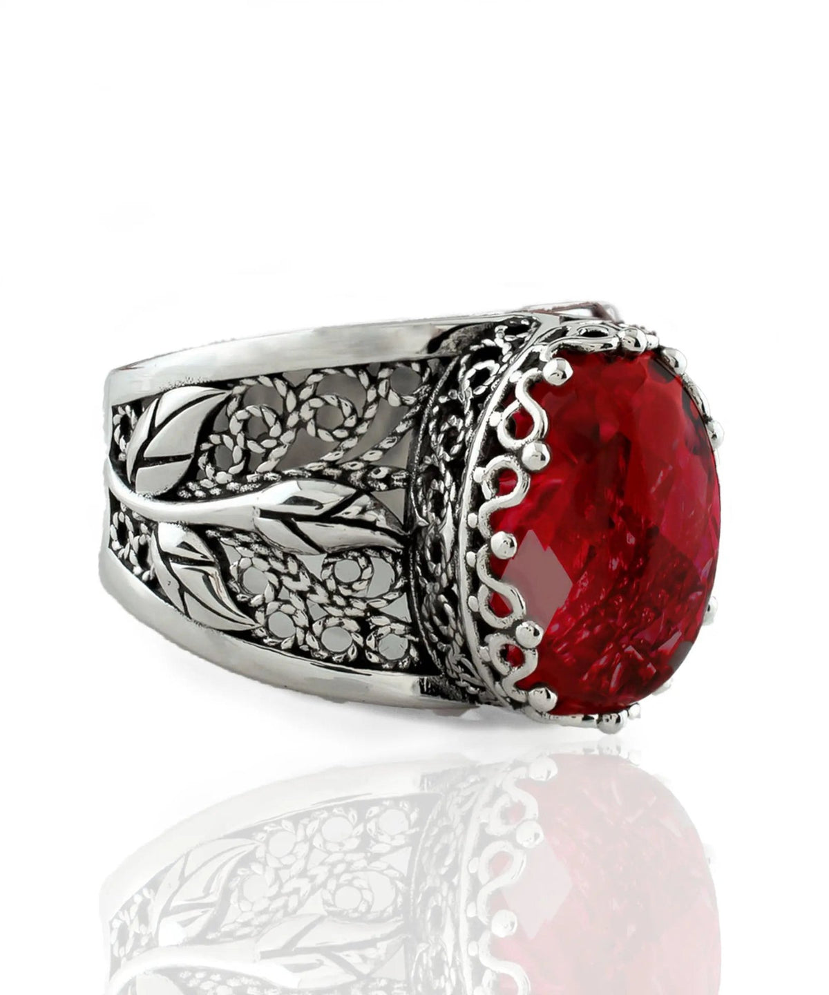 Filigree Art Ruby Quartz Gemstone Tulip Detailed Silver Women Statement Ring - Drakoi Marketplace