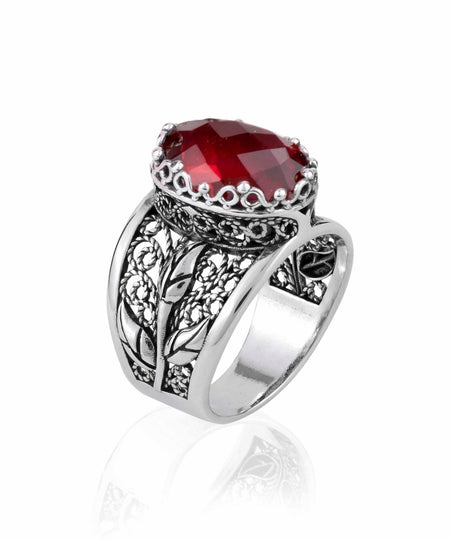 Filigree Art Ruby Quartz Gemstone Tulip Detailed Silver Women Statement Ring - Drakoi Marketplace