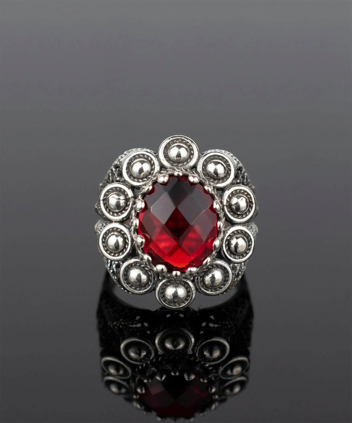 Filigree Art Ruby Quartz Gemstone Women Statement Dome Ring - Drakoi Marketplace