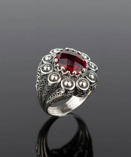 Filigree Art Ruby Quartz Gemstone Women Statement Dome Ring - Drakoi Marketplace