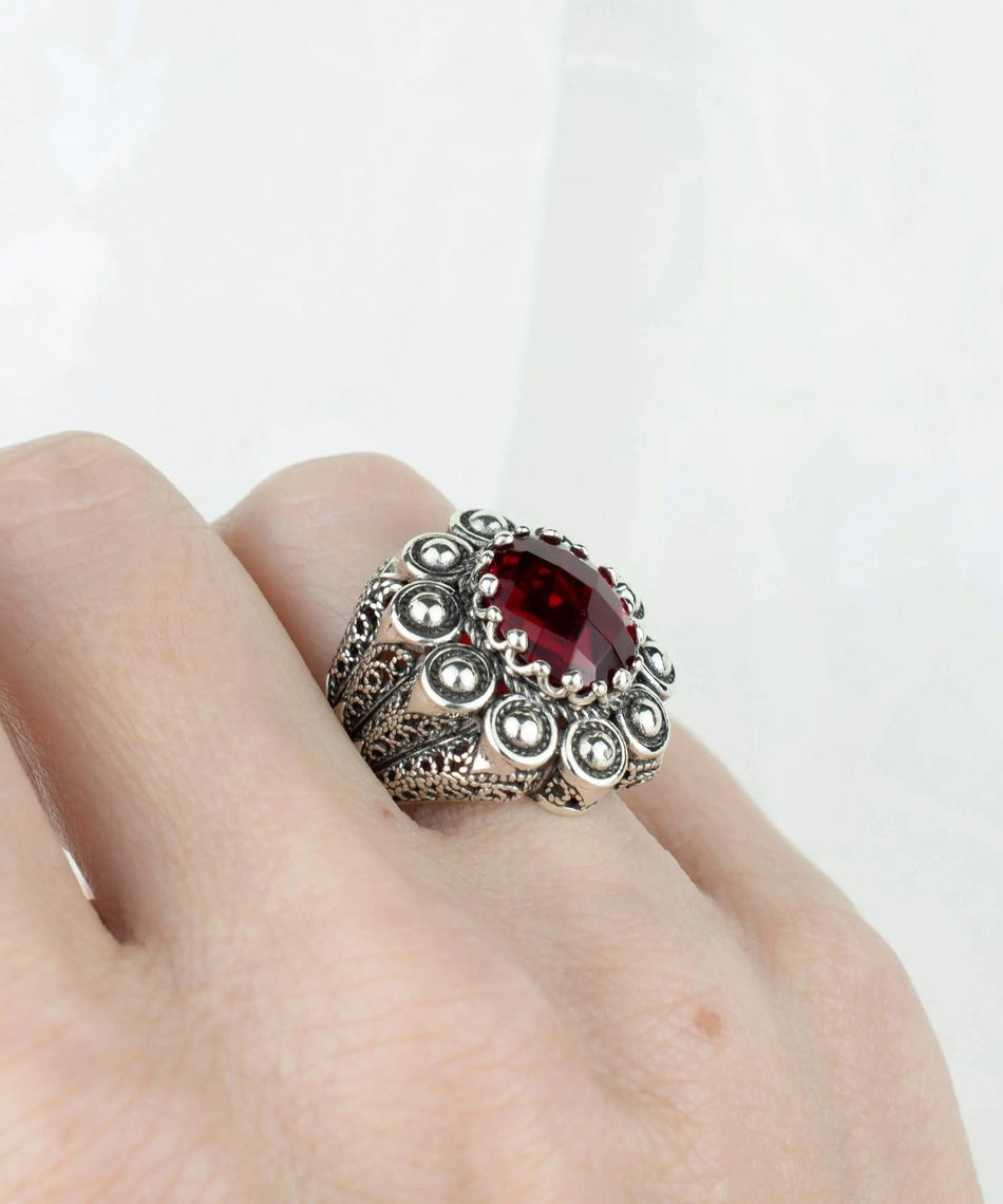 Filigree Art Ruby Quartz Gemstone Women Statement Dome Ring - Drakoi Marketplace