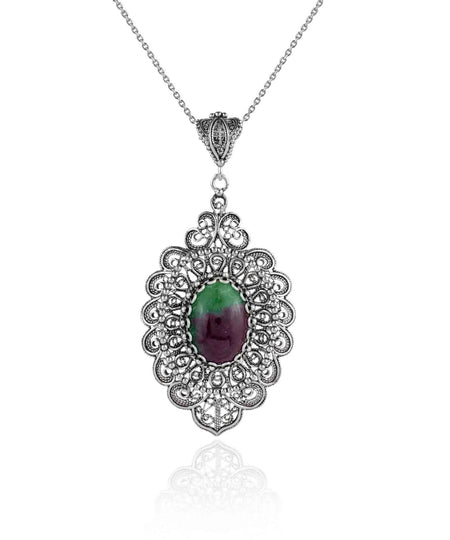 Filigree Art Ruby Zoisite Gemstone Floral Figured Women Silver Oval Pendant Necklace - Drakoi Marketplace