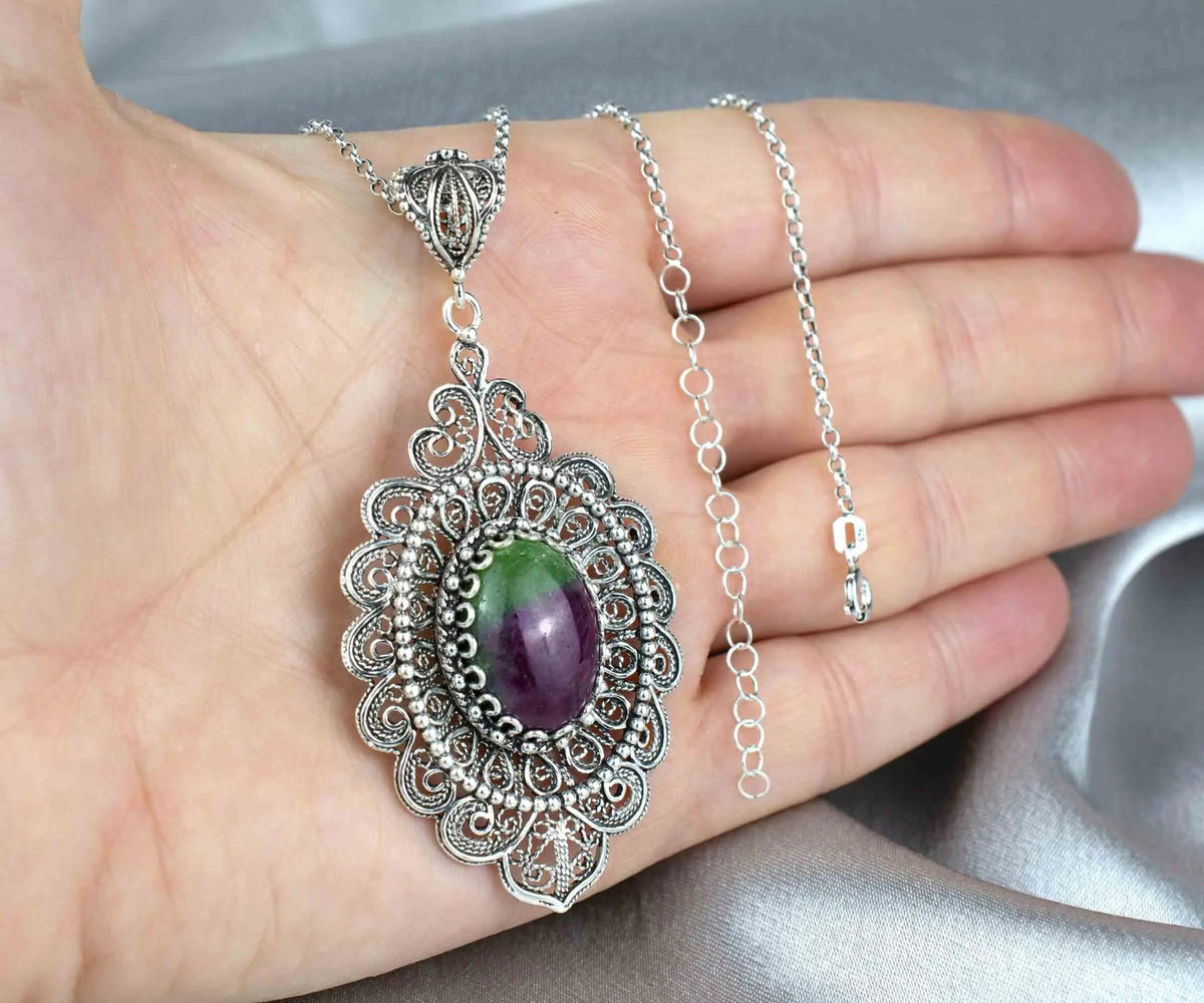 Filigree Art Ruby Zoisite Gemstone Floral Figured Women Silver Oval Pendant Necklace - Drakoi Marketplace